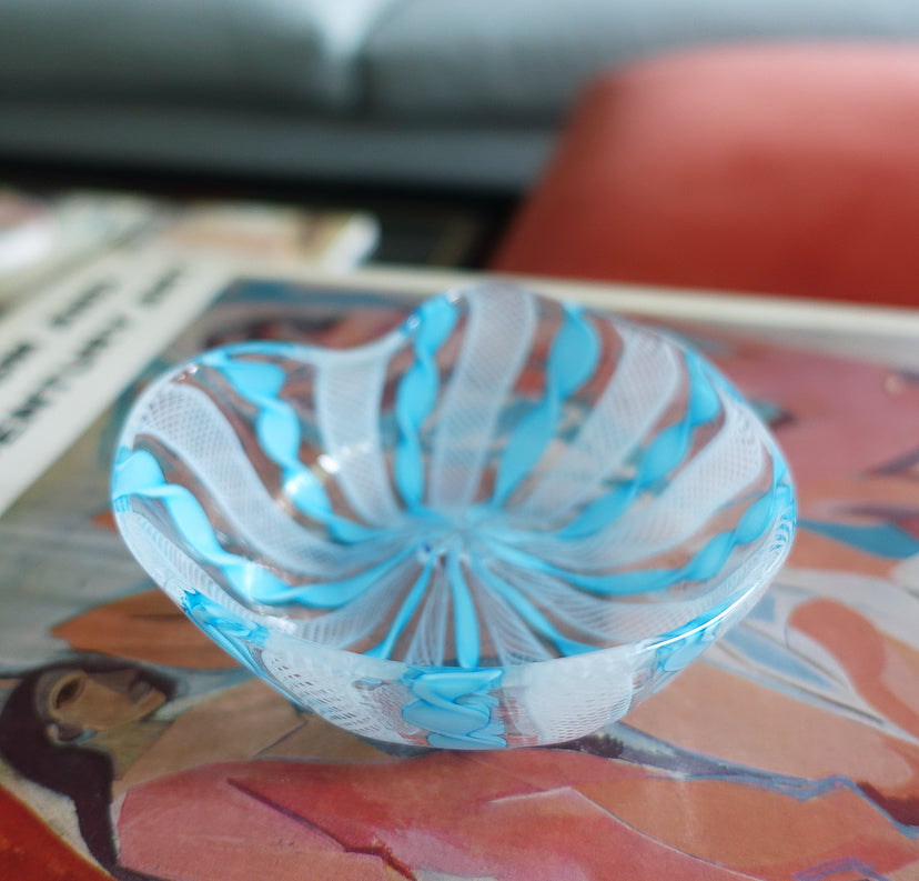 Blue & white Zanfirico Murano glass trinket dish