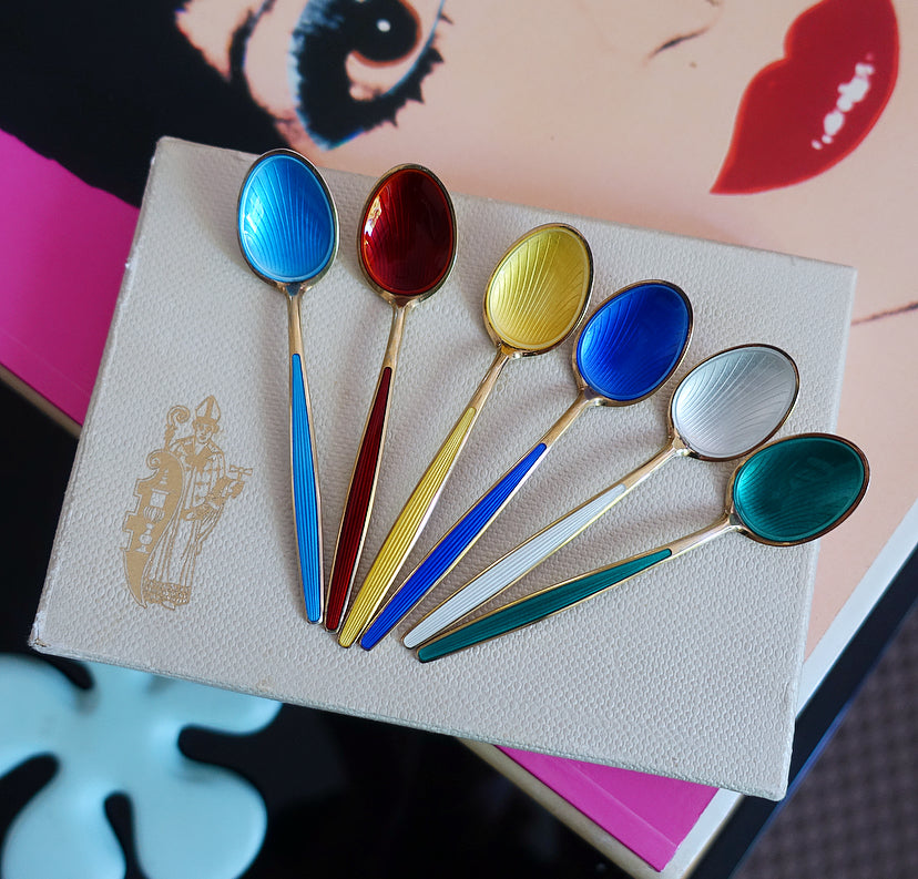 David Andersen Sterling silver gilt & rainbow enamel spoons