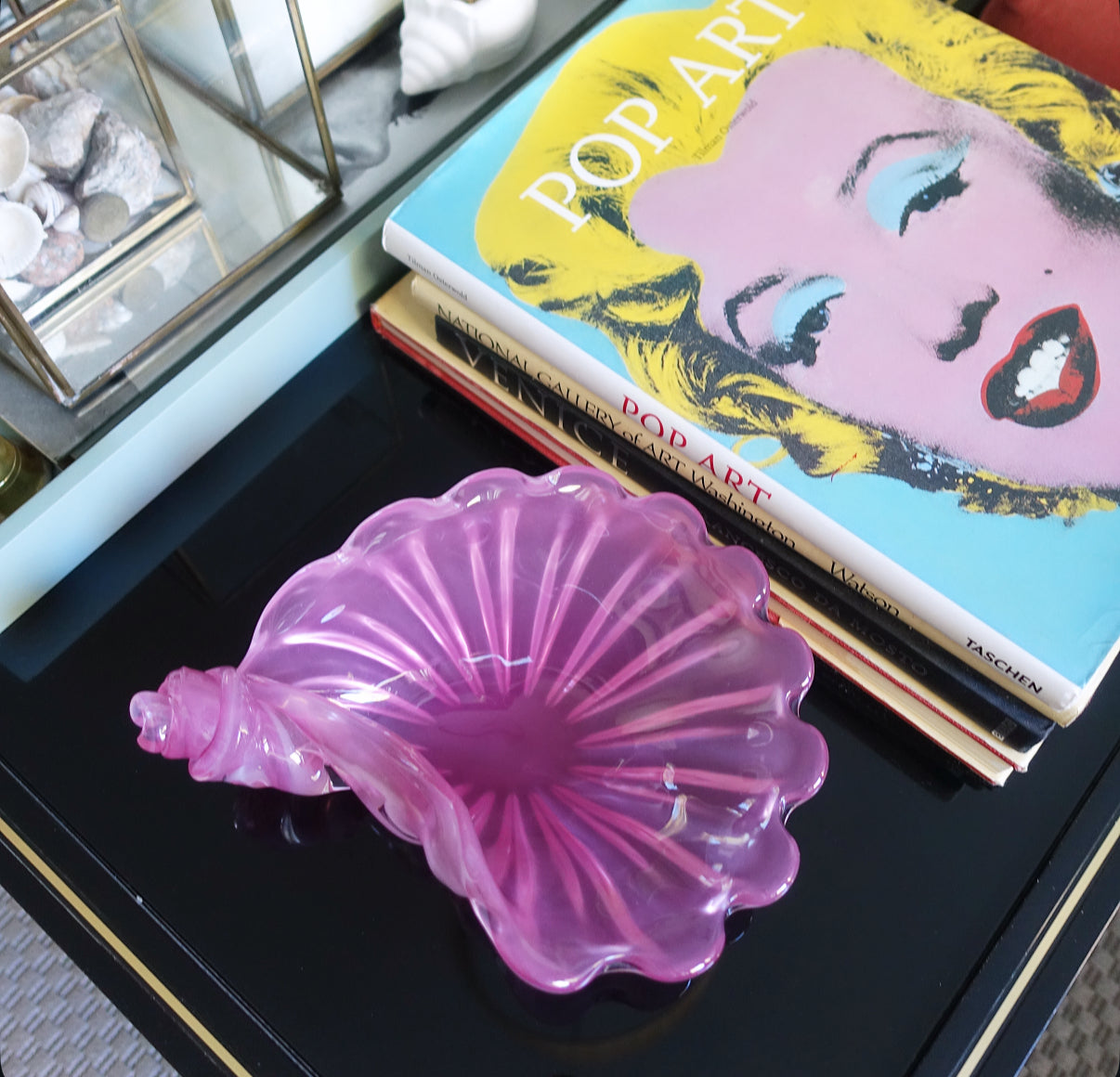 Pink Murano glass conch shell bowl
