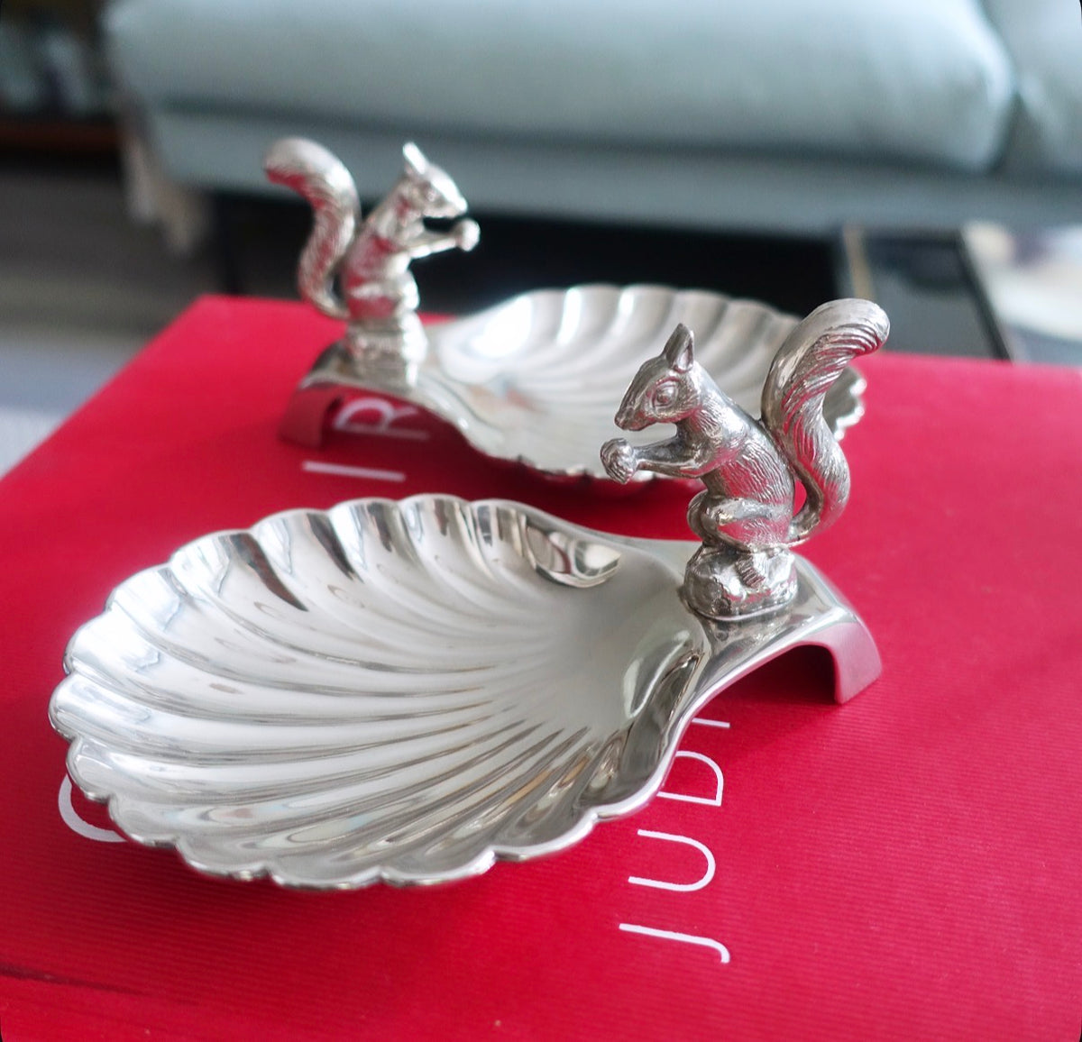 Pair of silver plated squirrel nut dishes