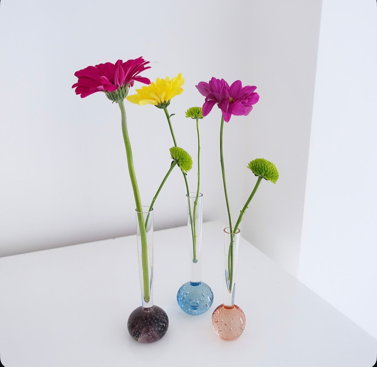 Set of three bubble glass bud vases (blue, purple,pink)