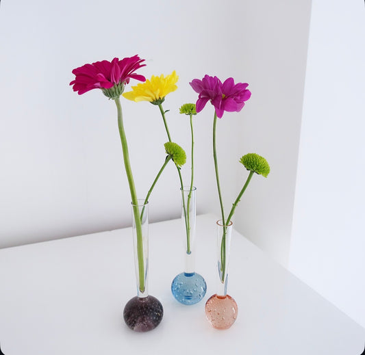 Set of three bubble glass bud vases (blue, purple,pink)