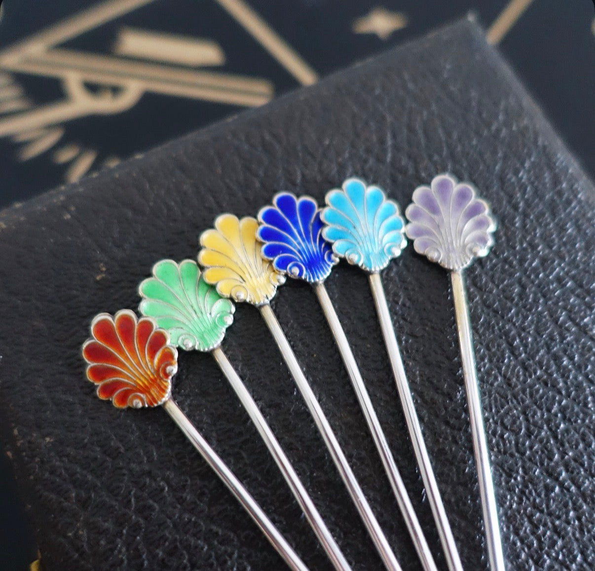 Silver hallmarked & rainbow enamel shell cocktail stick set