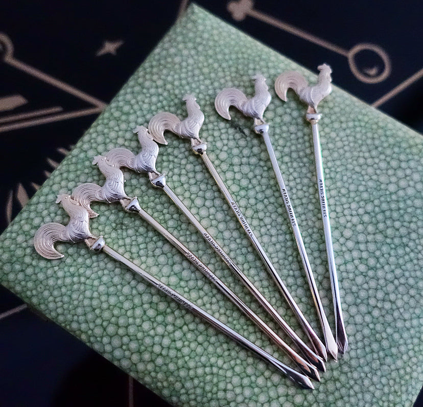 Set of six Art Deco Sterling silver cockerel cocktail sticks