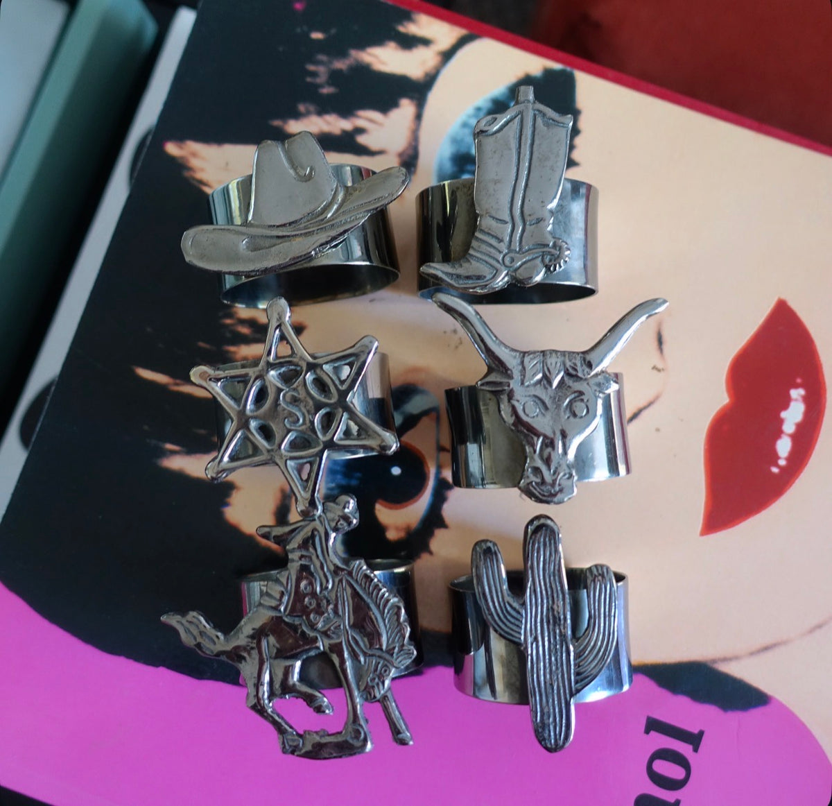 Set of six Western themed napkin rings