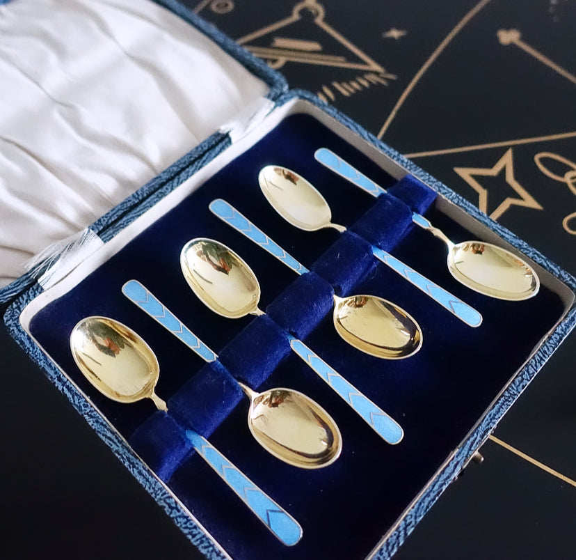 Set of six Art Deco silver hallmarked & enamel spoons