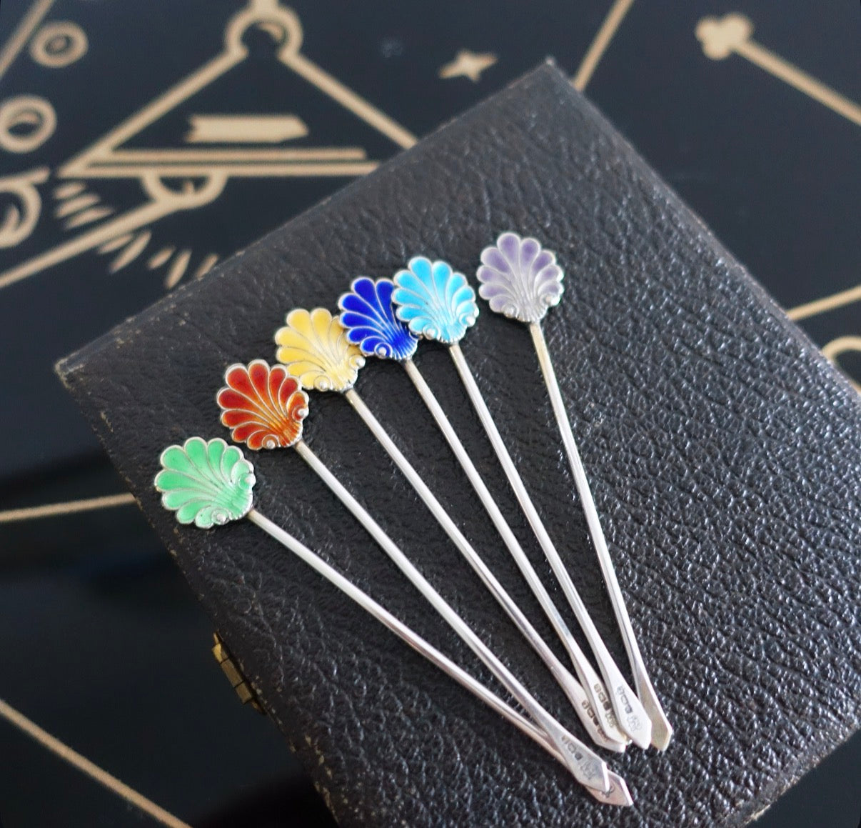 Silver hallmarked & rainbow enamel shell cocktail stick set