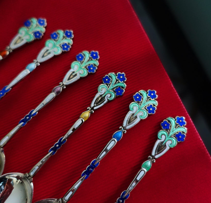 Art Deco silver & enamel flower spoons