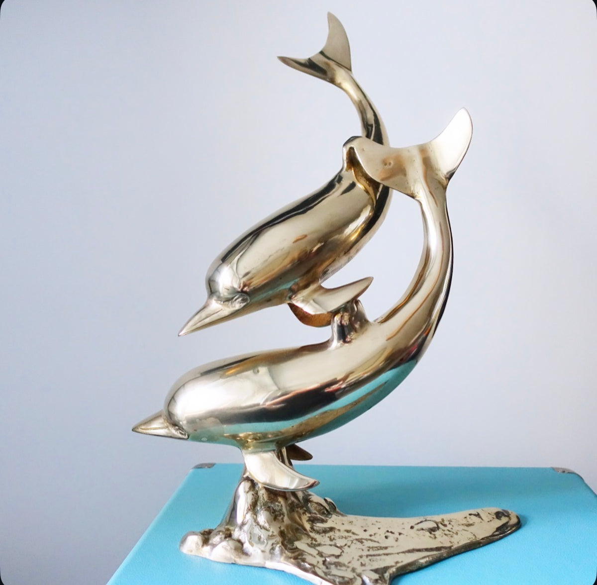 XL double brass dolphin sculpture
