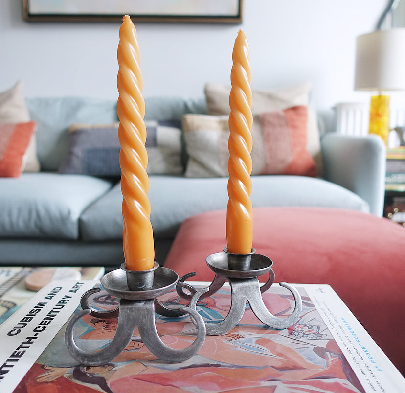 Swedish metal scroll candle holders