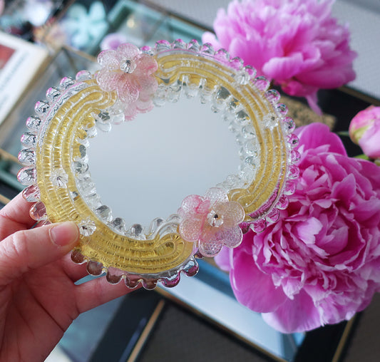 Small pink & gold Murano glass flower mirror