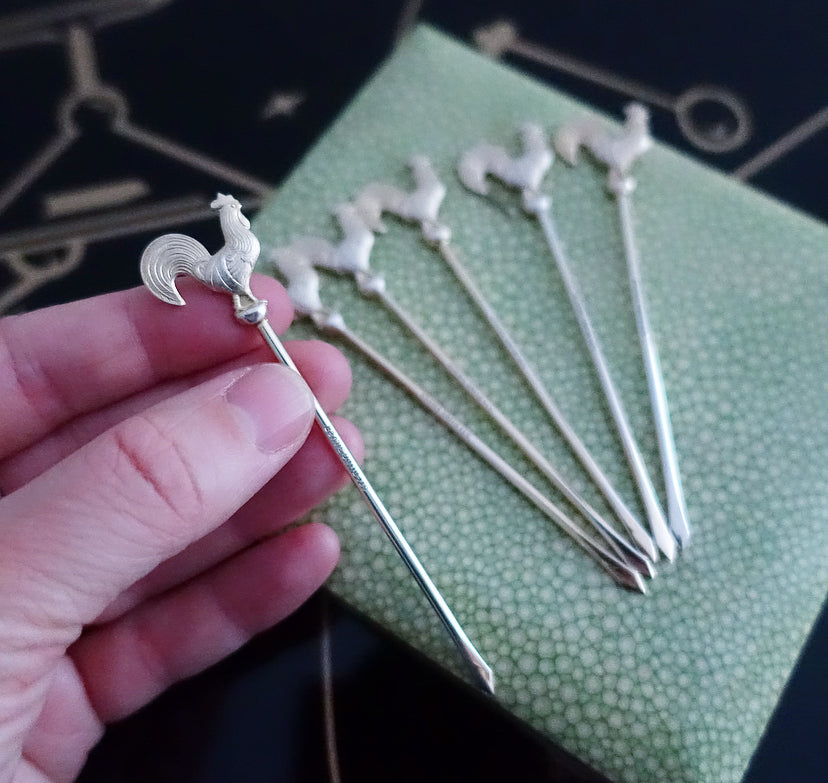 Set of six Art Deco Sterling silver cockerel cocktail sticks