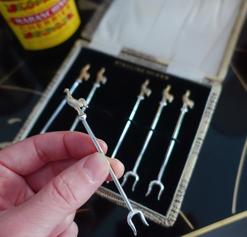 Art Deco Sterling silver cockerel cocktail forks