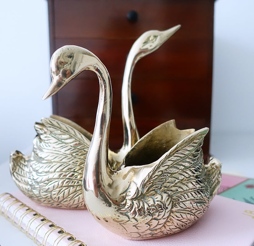 Pair of brass swans