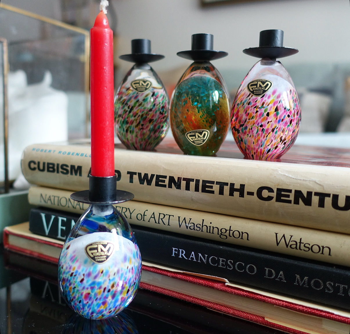 Set of four Swedish art glass candle holders
