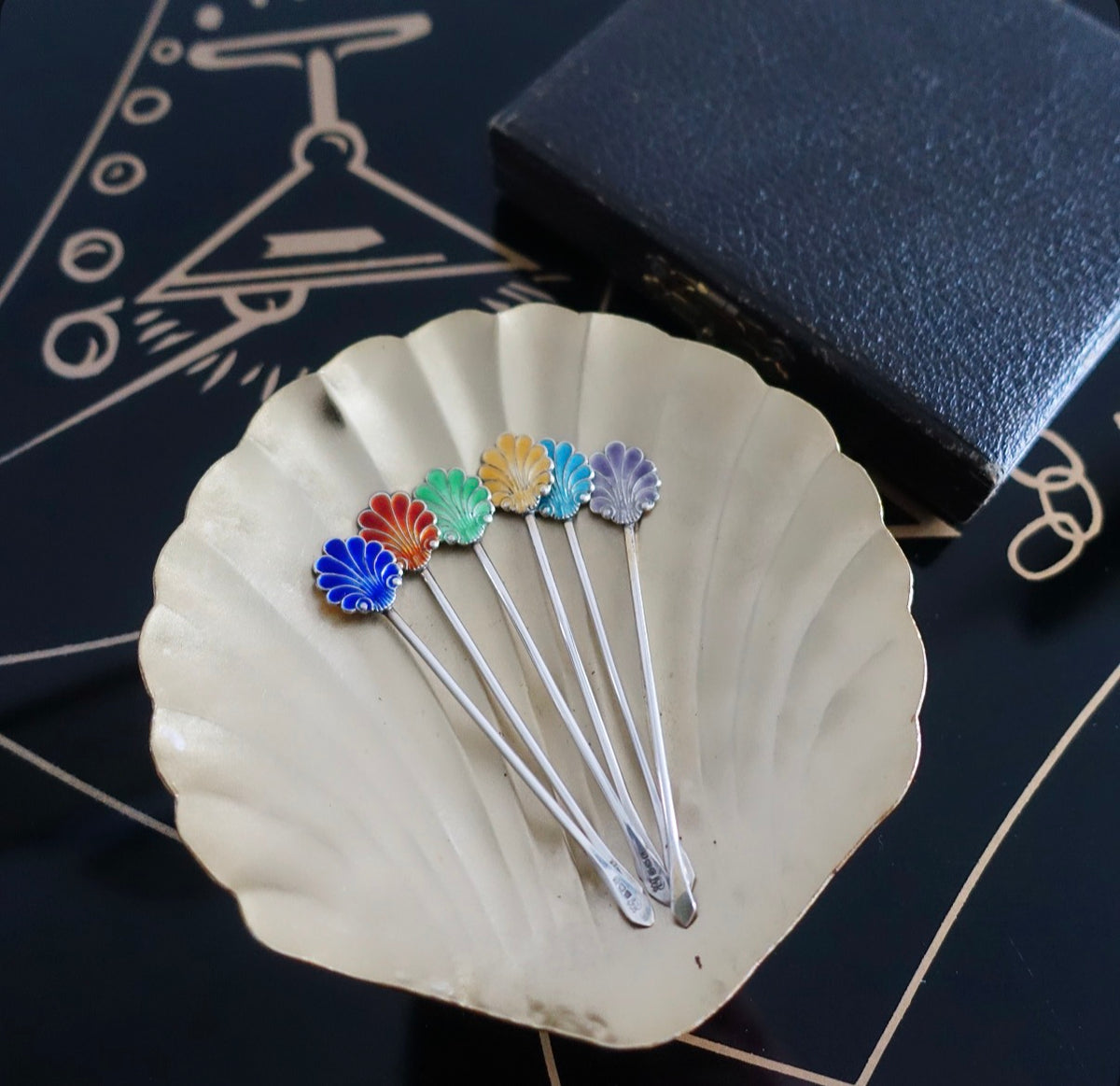 Silver hallmarked & rainbow enamel shell cocktail stick set