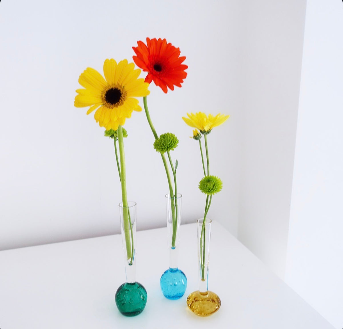 Set of three bubble glass bud vases (green, blue, yellow)