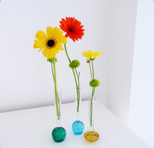 Set of three bubble glass bud vases (green, blue, yellow)
