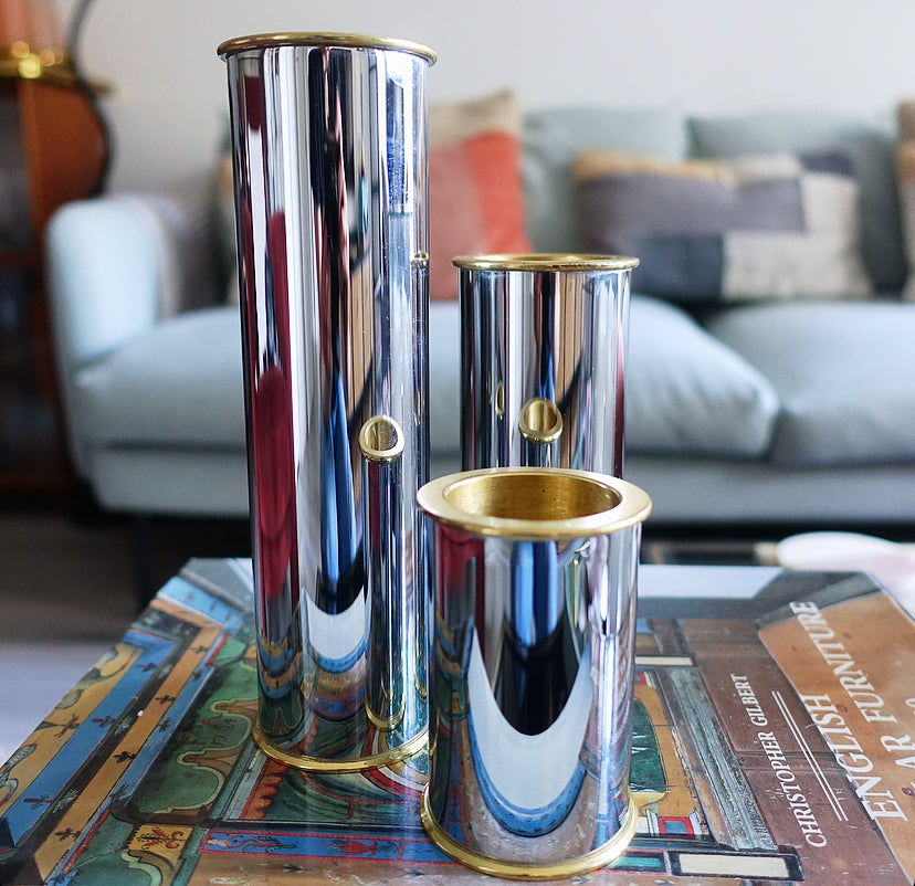 MCM Swedish chrome & brass candle holder set