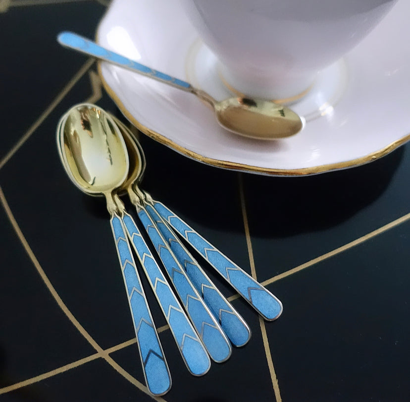 Set of six Art Deco silver hallmarked & enamel spoons
