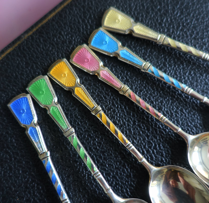 Mid-Century English Silver hallmarked & rainbow enamel spoon set