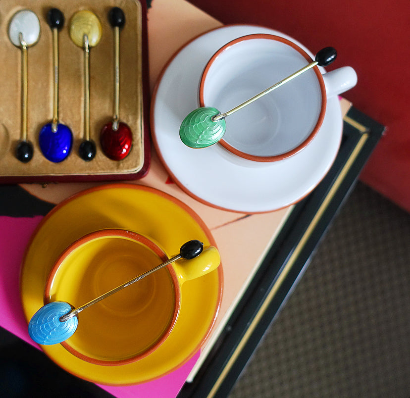 Set of six silver hallmarked & enamel coffee spoons