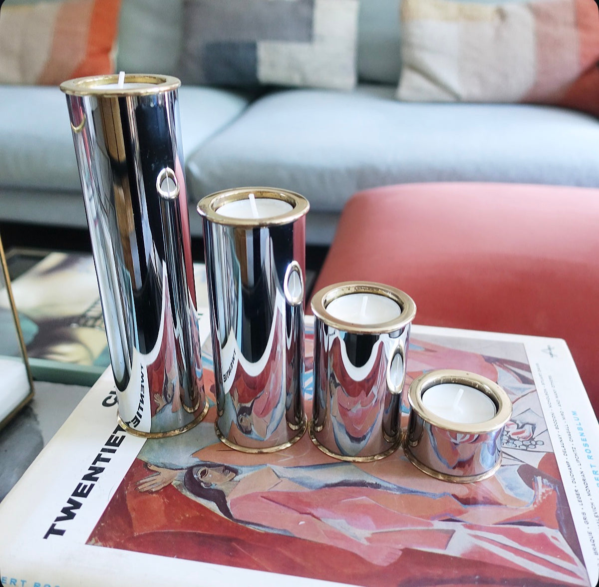 Swedish chrome & brass candle holder set