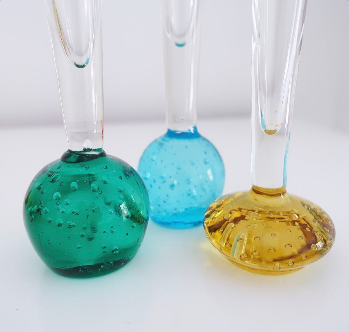 Set of three bubble glass bud vases (green, blue, yellow)