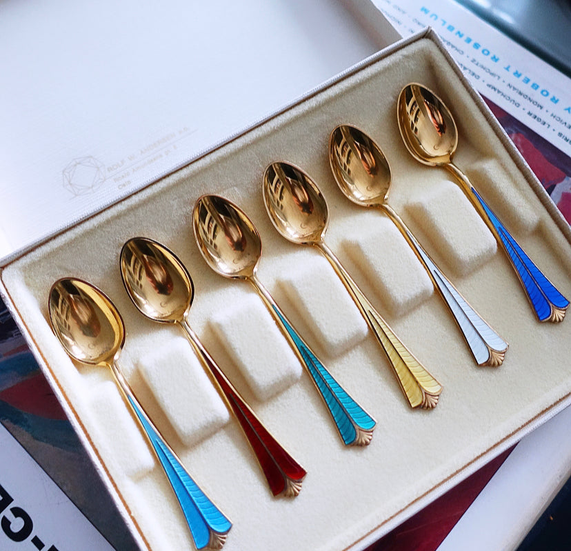 David Andersen Sterling silver gilt & rainbow Guilloché enamel spoons with shell detailing