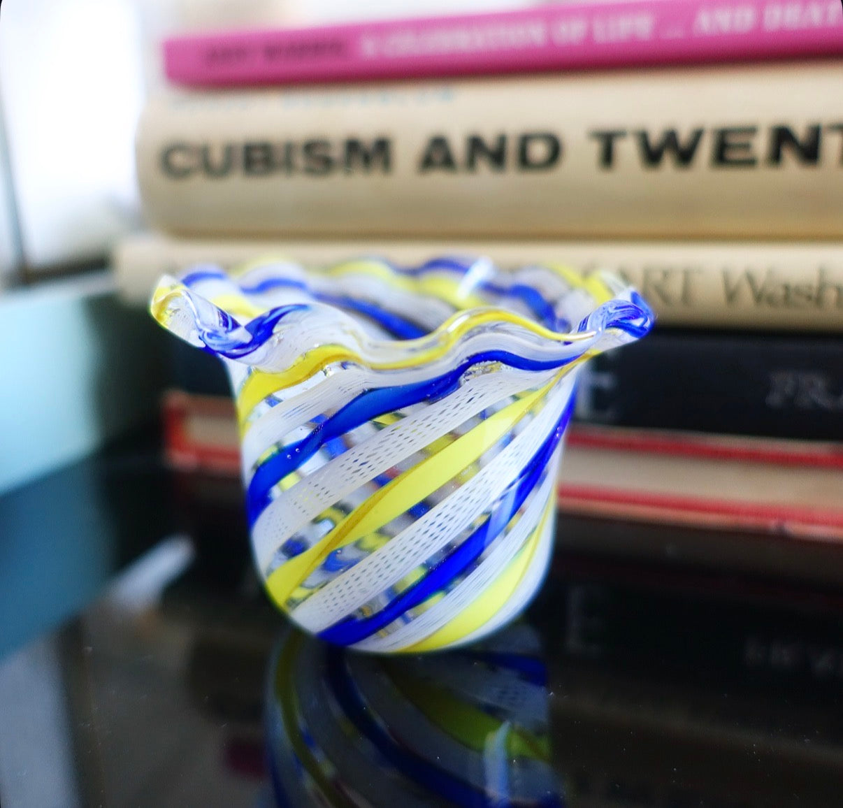 Blue & yellow Zanfirico Murano pot