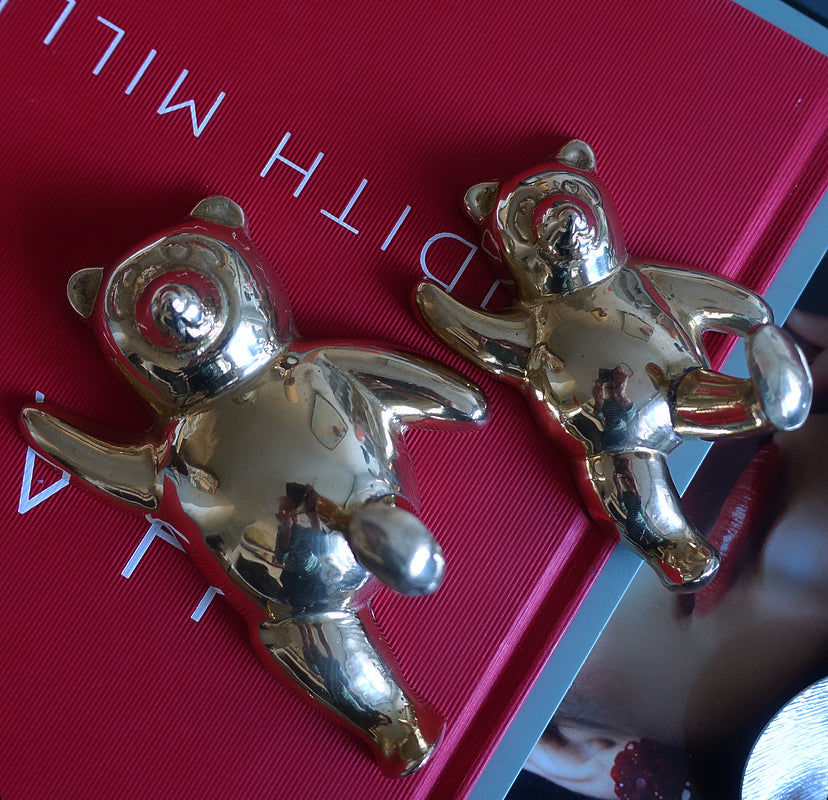 Set of two brass teddy bear wall hooks