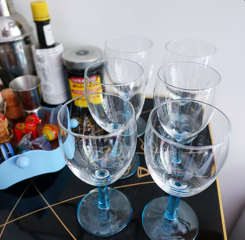 Set of six blue stem wine glasses