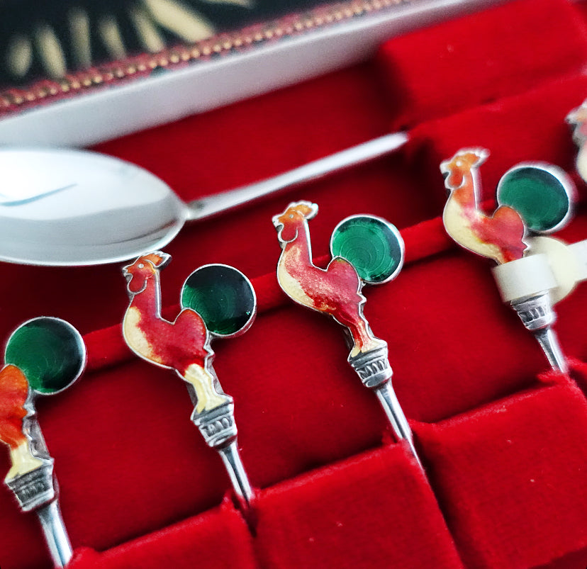 Silver & enamel cocktail stick set