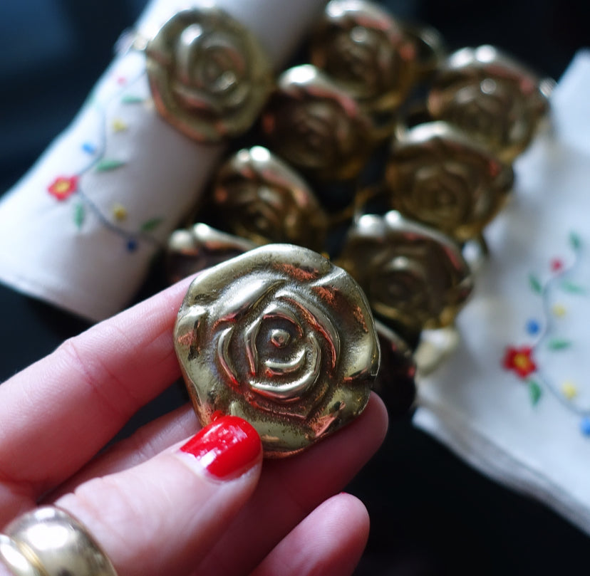 Set of 10 brass rose napkin rings