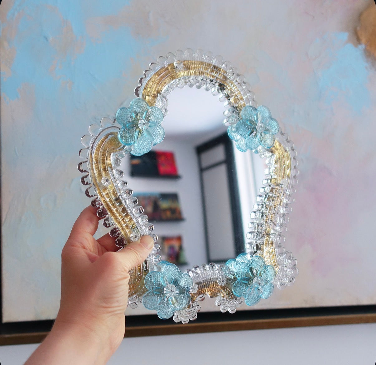 Blue Murano glass flower vanity mirror
