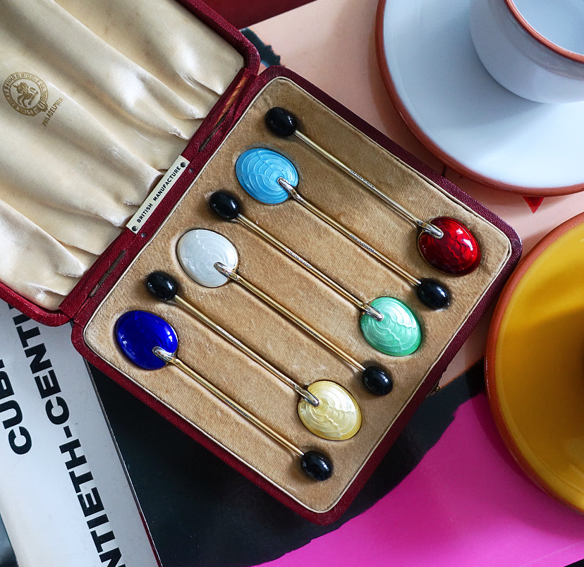 Set of six silver hallmarked & enamel coffee spoons