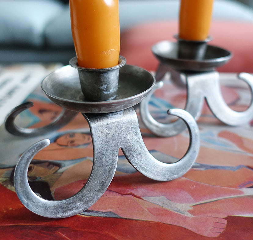 Swedish metal scroll candle holders