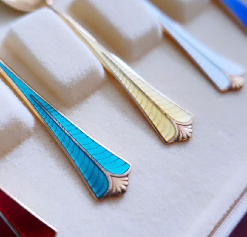 David Andersen Sterling silver gilt & rainbow Guilloché enamel spoons with shell detailing