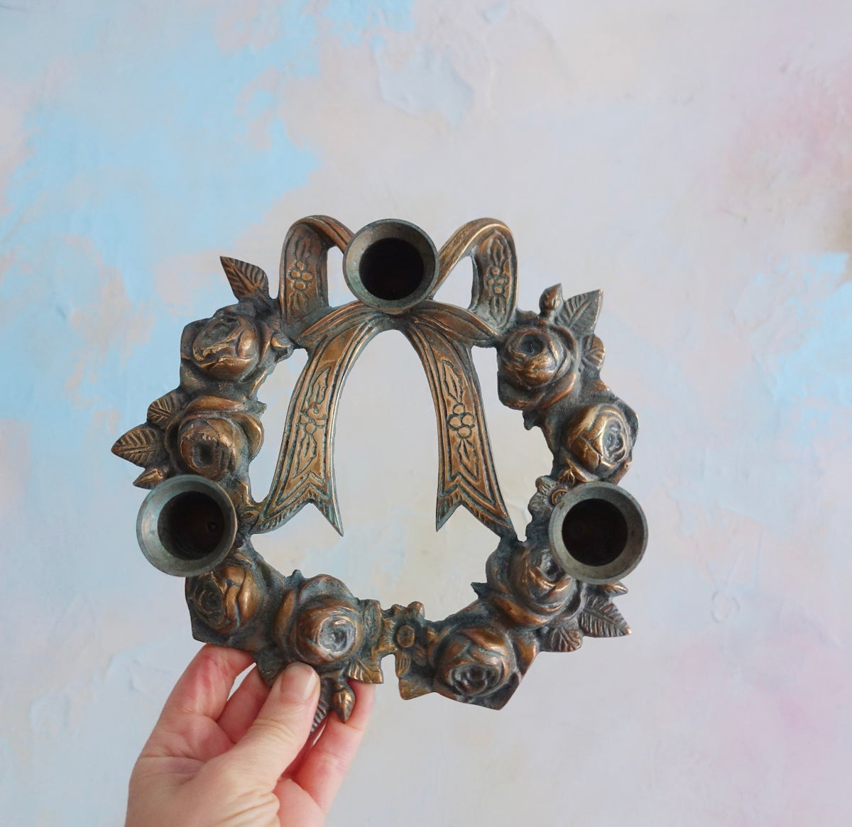 Brass bow Christmas centrepiece candle holder