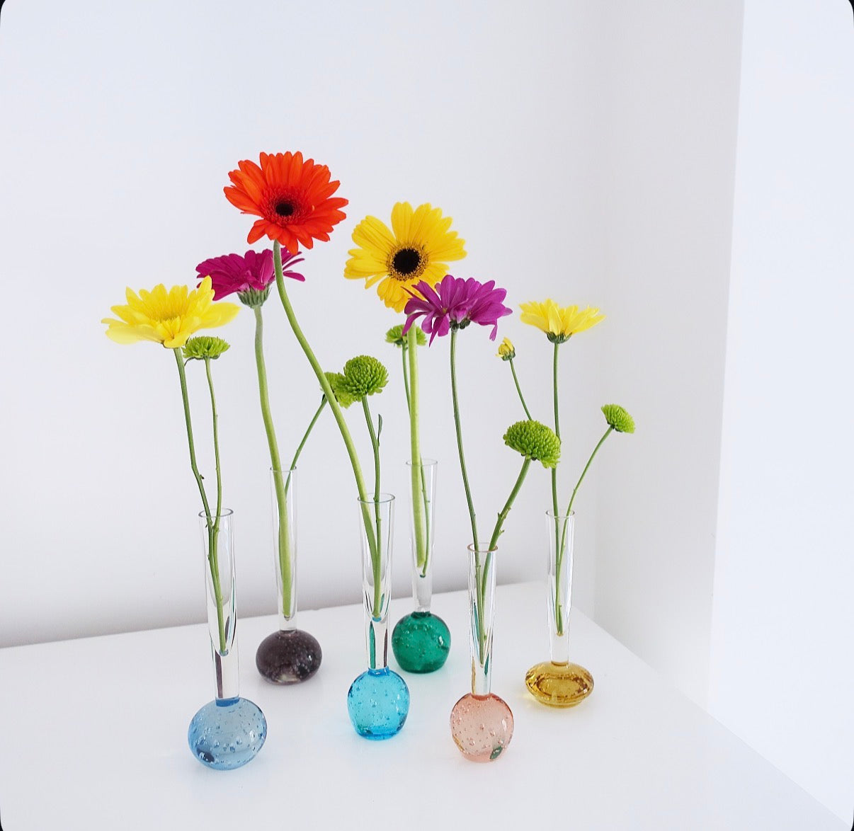 Set of three bubble glass bud vases (blue, purple,pink)
