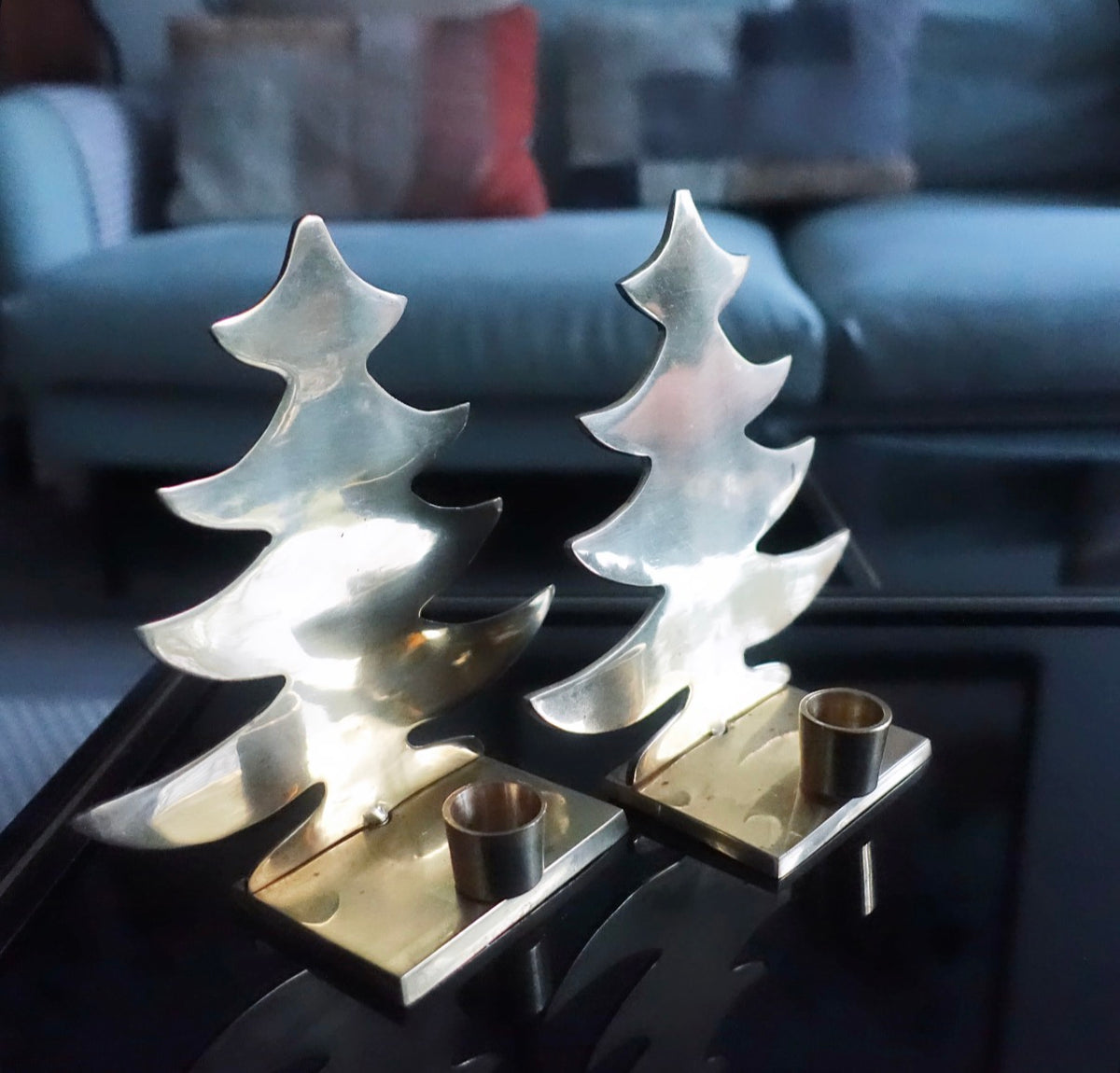 Pair of large brass Christmas tree candle holders