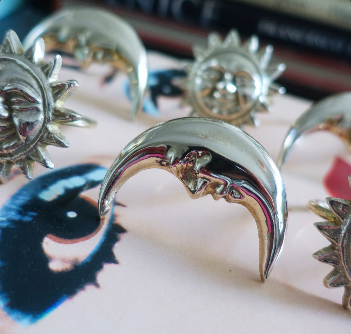 Celestial brass napkin ring set
