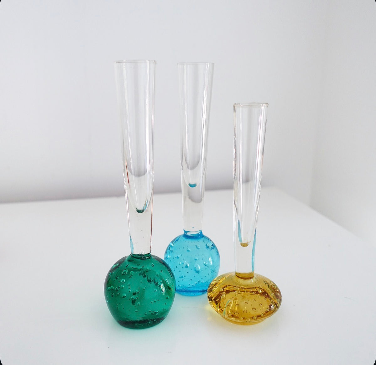 Set of three bubble glass bud vases (green, blue, yellow)