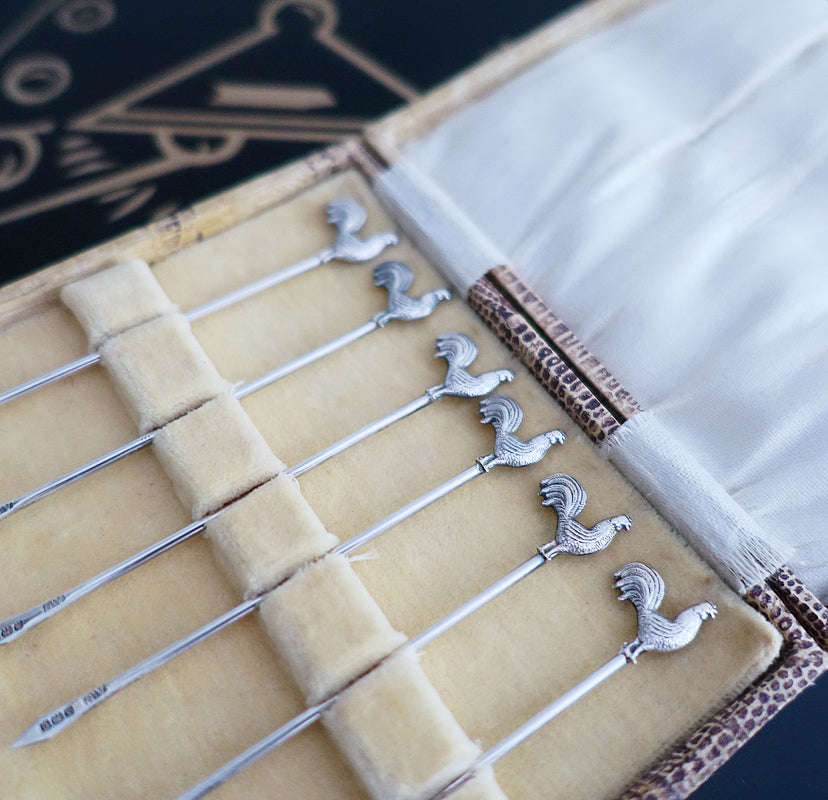 Art Deco silver cockerel cocktail sticks