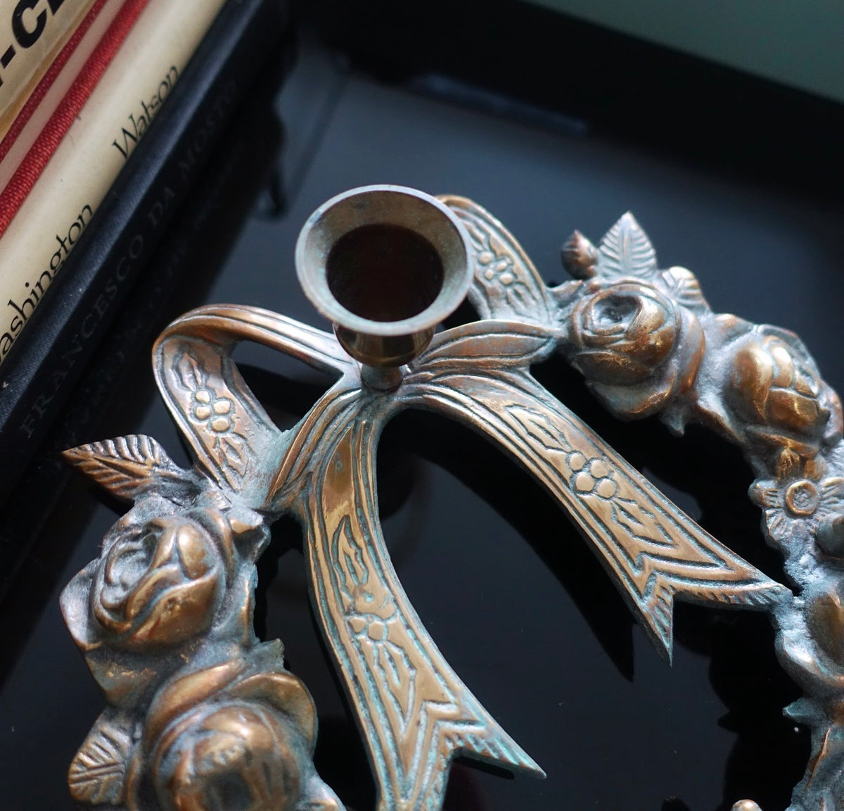 Brass bow Christmas centrepiece candle holder