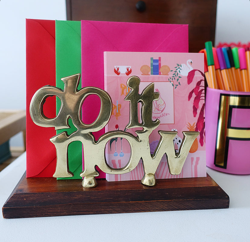 ‘Do it now’ brass & wood letter holder