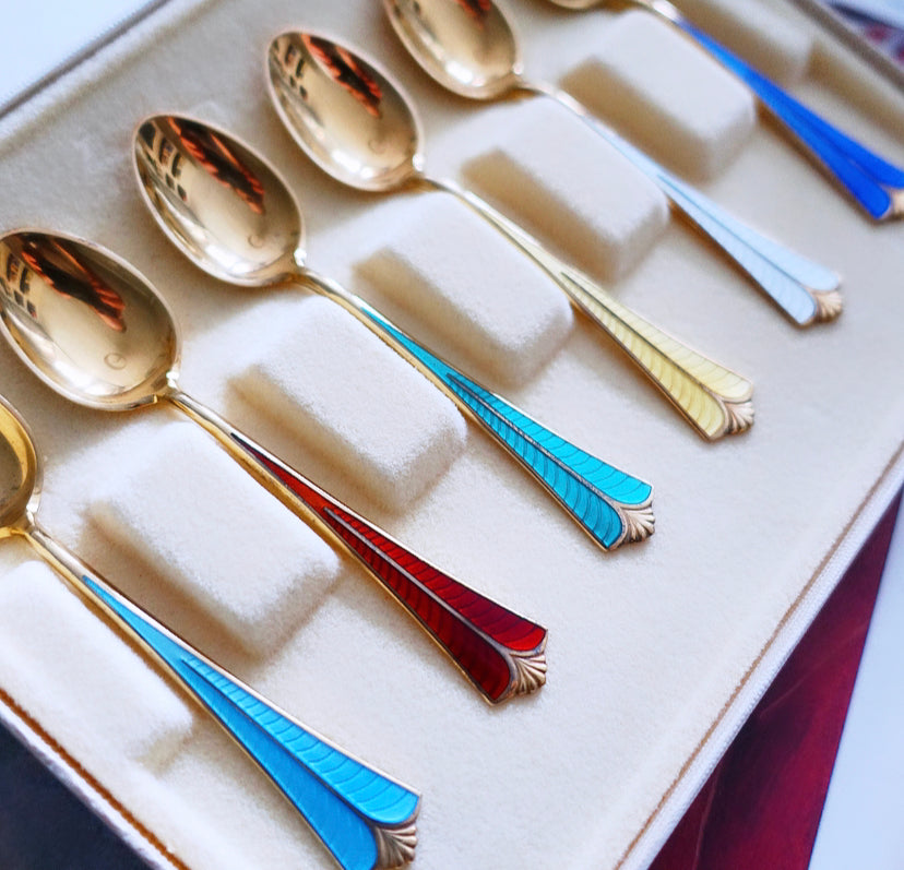 David Andersen Sterling silver gilt & rainbow Guilloché enamel spoons with shell detailing