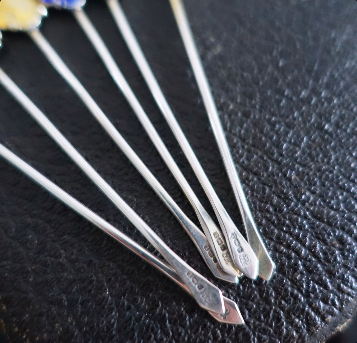 Silver hallmarked & rainbow enamel shell cocktail stick set