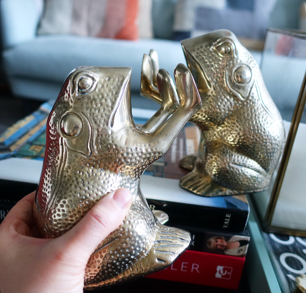 Pair of brass frog bookends