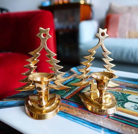 Pair of brass Christmas tree candle holders